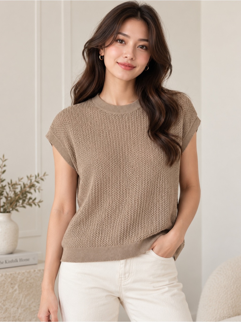 Women’s Knit Cap-Sleeve Sweater Top in Taupe